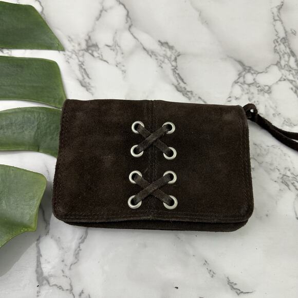 American Eagle Vintage Y2k Suede Wallet Dark Brown Lace Up Small Bifold - Picture 1 of 6